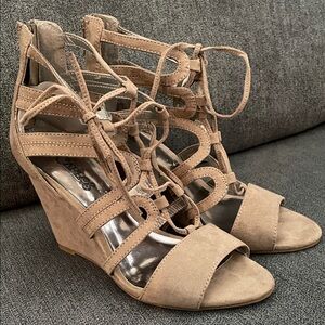 Carlos by Carlos Santana Beige Suede Lace-Up Wedge Sandals